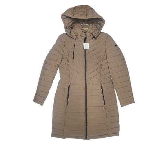 DKNY Jacket Womens Small Taupe Tan Full Zip Hooded Puffer Trench Coat NWT - Picture 1 of 13